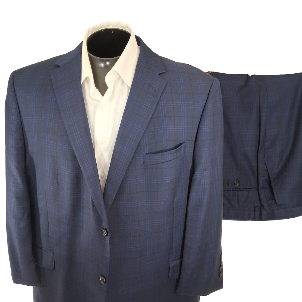 Joseph Abboud Suit Mens 48S 43x27 Blue Plaid 100% Wool 2 Button Blazer Pants